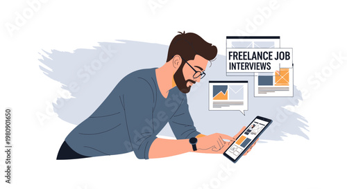 Freelancer preparing for job interviews on tablet, digital nomad concept