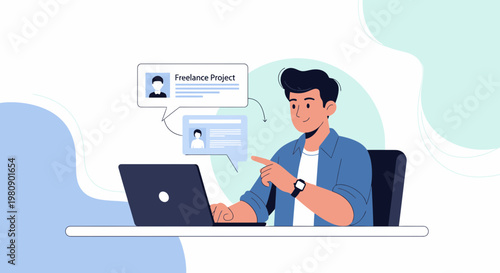 Freelancer working on laptop, project management, remote work, online job, digital nomad concept