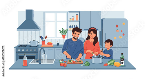 Happy family with a child preparing a healthy meal together in a modern kitchen with fresh vegetables and cooking utensils.