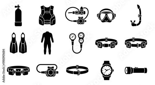 Black silhouette icons depicting scuba diving equipment and accessories