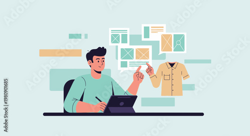Graphic designer creating website layout and fashion design on tablet