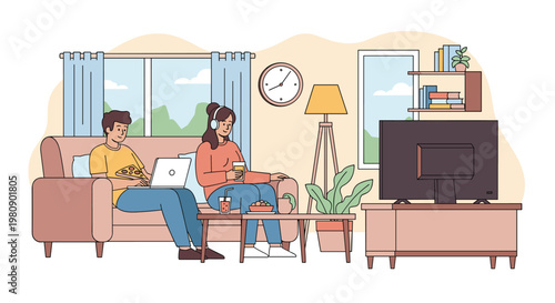 Young couple enjoying their free time at home with the man using a laptop and eating pizza while the woman relaxes with headphones.