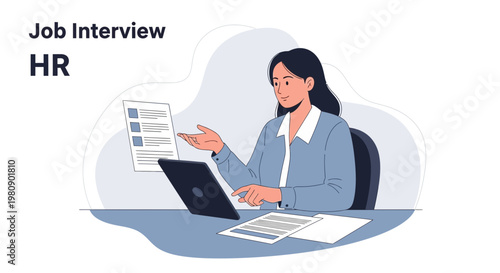 HR manager conducting job interview with candidate using laptop and documents