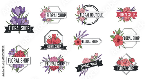 Collection of elegant floral shop logo templates featuring different flower species like roses and lavender in stylish geometric frames.
