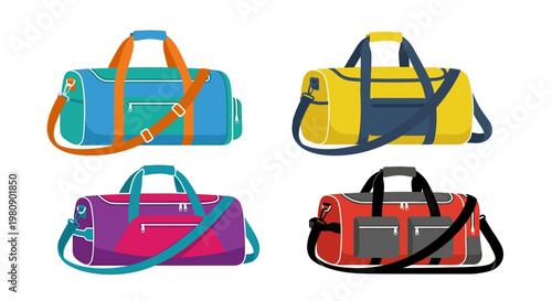 Colorful duffel bags in a cartoon style isolated on white background