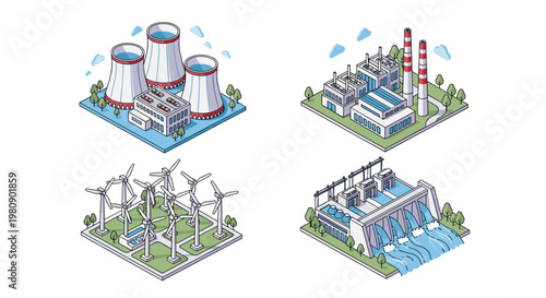 Set of isometric icons for various types of power plants including nuclear, thermal, wind turbines, and hydroelectric dam stations.