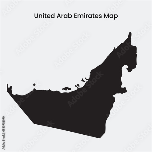 A black silhouette map of the United Arab Emirates on a white background