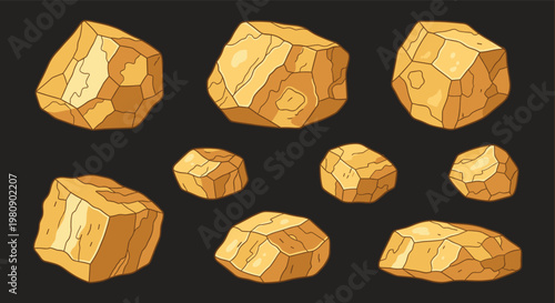 Collection of raw gold nuggets in various shapes and sizes showing the texture of natural ore found in mines on a dark background.