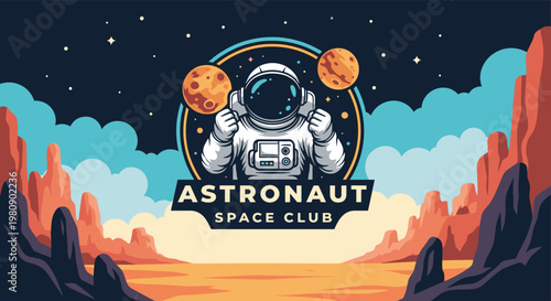Astronaut space club badge illustration showing a brave spaceman on a rocky red planet surface with multiple moons and stars.
