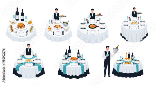 Professional waiters serving delicious meals and wine at elegantly set round tables in a high end restaurant or banquet hall.