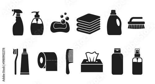 Collection of black silhouette icons representing various cleaning and hygiene products