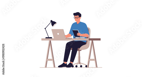 Man Working Remotely on Laptop at Desk with Tablet and Lamp
