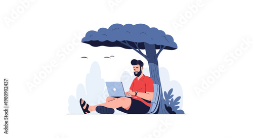 Man Working Remotely Under Tree, Freelancer Outdoors