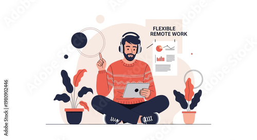 Man working remotely with headphones and tablet, flexible work concept