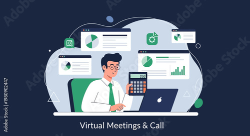 Man working remotely with laptop and calculator, virtual meetings and online collaboration concept