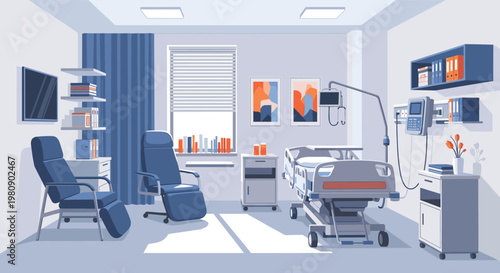 Modern hospital ward interior featuring a comfortable medical bed, patient monitoring equipment, and blue armchairs for visitors.