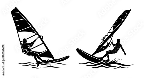 Windsurfers in action a dynamic black and white illustration of water sports