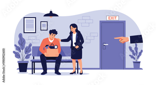 Sad man leaving the office after being fired holding a box of personal belongings while a colleague offers support near an exit door.