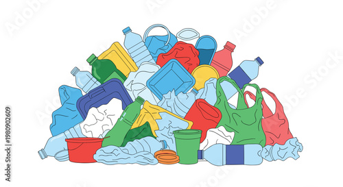 Large pile of plastic waste consisting of discarded bottles, bags, and containers highlighting the environmental issue of pollution.