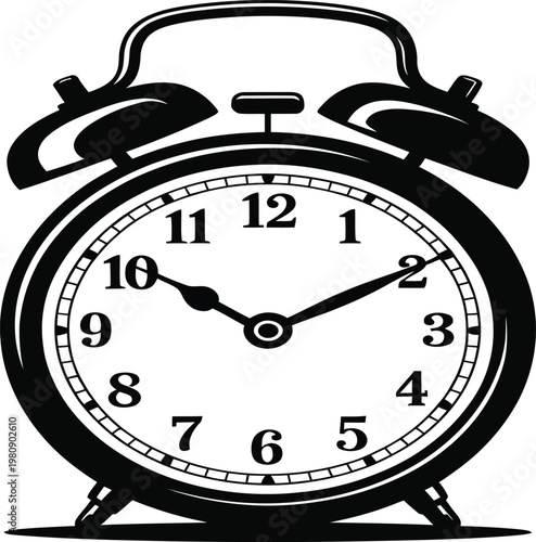 Alarm clock with classic bells shown in a high contrast black and white graphic style indicating the importance of time management and punctual daily routines for productivity.
