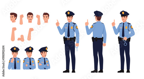 Police officer character constructor set with various body parts and accessories to create custom poses and actions for illustrations.