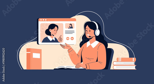 Online learning, woman with headset teaching via video call, books, education concept
