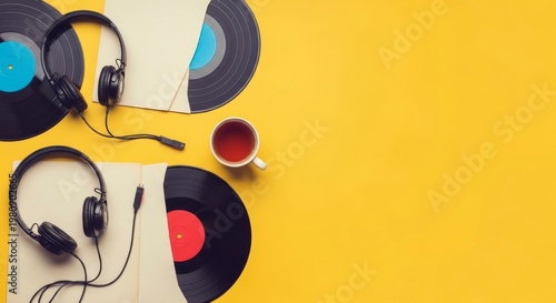 Vinyl Records Headphones Music Setup.