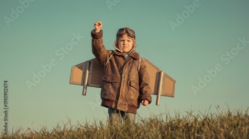 Child aviator playing with cardboard airplane wings outdoors