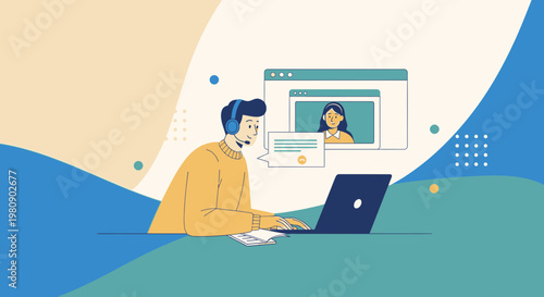 Online Meeting and Remote Work Concept: Person with Laptop and Headset