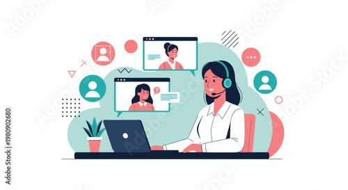 Online Meeting and Remote Work Concept: Woman with Headset on Laptop, Video Calls