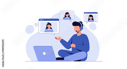 Online Meeting Concept: Man with Headphones on Laptop in Video Call with Colleagues
