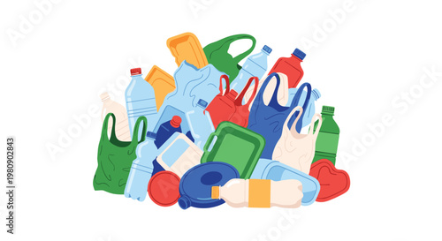 Large pile of unsorted plastic waste including bottles, bags, and containers highlighting the global environmental pollution crisis.