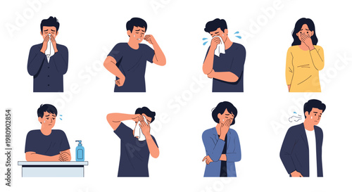 Collection of characters experiencing various cold and flu symptoms such as coughing, sneezing, headache, and runny nose.