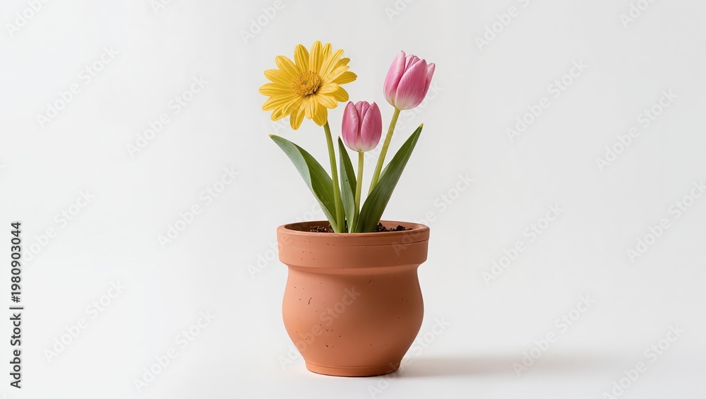 Obraz premium Terracotta pot with colorful flowers isolated on white background
