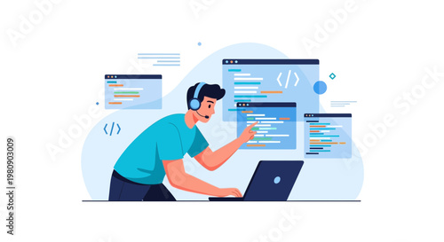 Programmer working on laptop with code on screens, coding and development concept