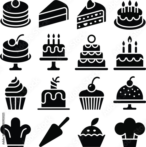 Cakes and pastry icons showcase a collection of various baked goods, tiered desserts, and celebration treats presented in a clean, minimalist black silhouette style suitable for digital menu designs.
