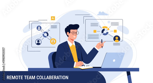 Remote team collaboration concept, man working with laptop and charts