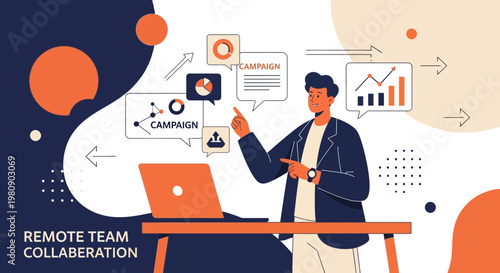 Remote Team Collaboration: Man Presenting Campaign Strategy with Laptop and Charts