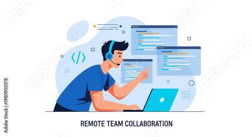Remote Team Collaboration: Programmer Working Remotely with Laptop and Code