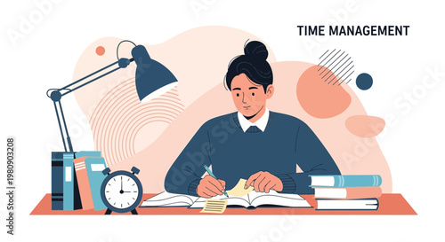 Student studying late at desk with lamp, books, and alarm clock, time management concept