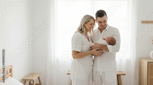Young parents cuddling newborn baby in soft nursery