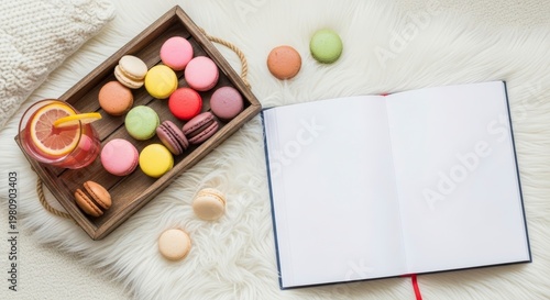 Macarons and sweets on wooden tray.