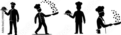 Black silhouette collection of professional chefs cooking and serving food in a kitchen setting