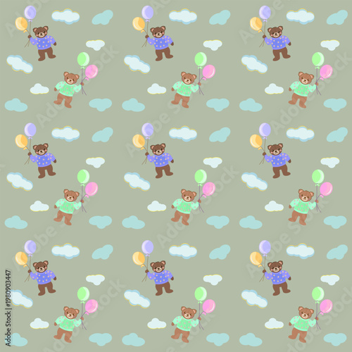 Adorable repeating vector pattern with cute teddy bears in colorful sweaters holding bright balloons