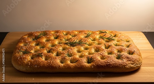 Delicious homemade focaccia bread on cutting board.