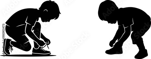 Black and white silhouette illustration of two young children learning how to tie their shoelaces