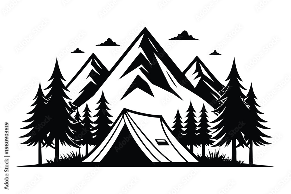 Obraz premium camping tent with mountain tree silhouette line art vector illustration