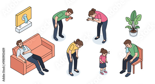 Set of people of different ages expressing symptoms of food poisoning like nausea, stomach pain, and vomiting in an isometric style.