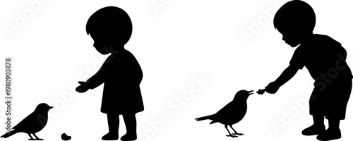 A black silhouette illustration showing a young boy and a girl interacting with small wild birds