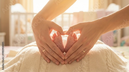 Hands of parents making heart shape around newborn baby feet on soft white knitted blanket